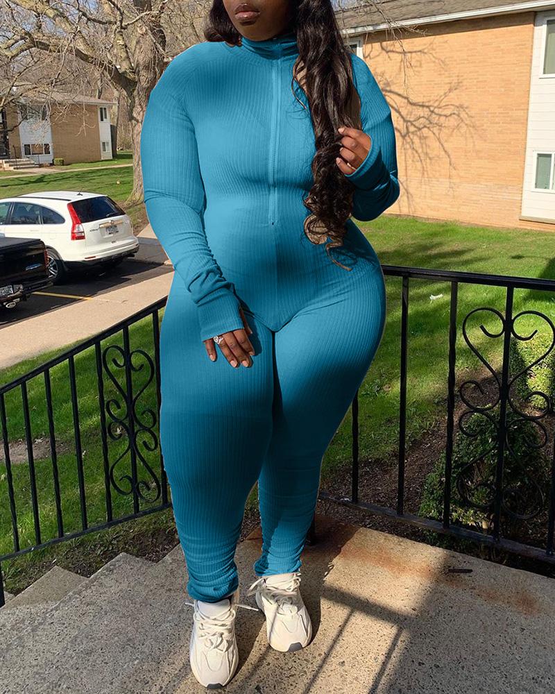 

Plus Size Ribbed Plain Zipper Design Jumpsuit, Blue