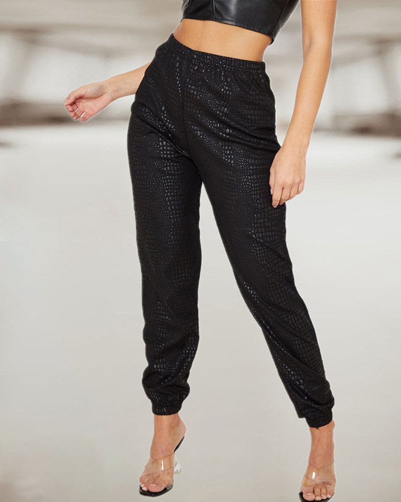 

PU Leather High Waist Croc Pattern Cuffed Pants, Black