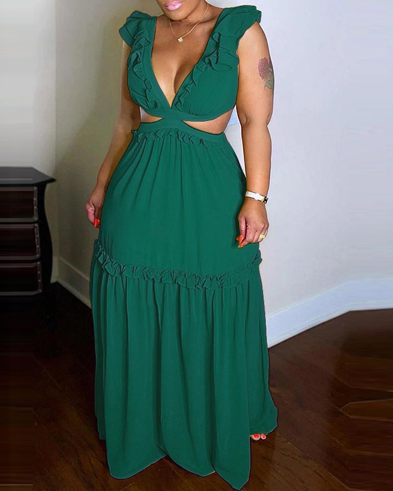 

Flutter Sleeve Backless Ruched Chiffon Lace-up Dress, Green