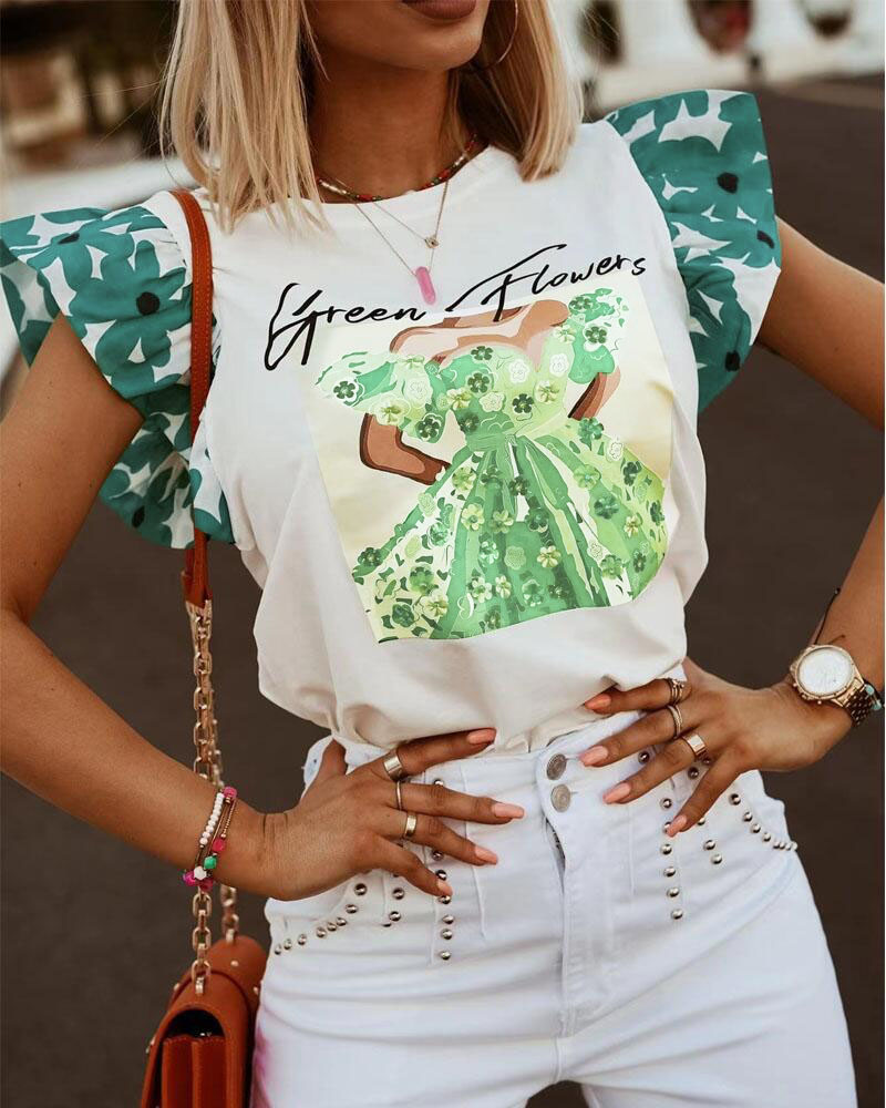 

Floral Letter Figure Print Flutter Sleeve Top, White