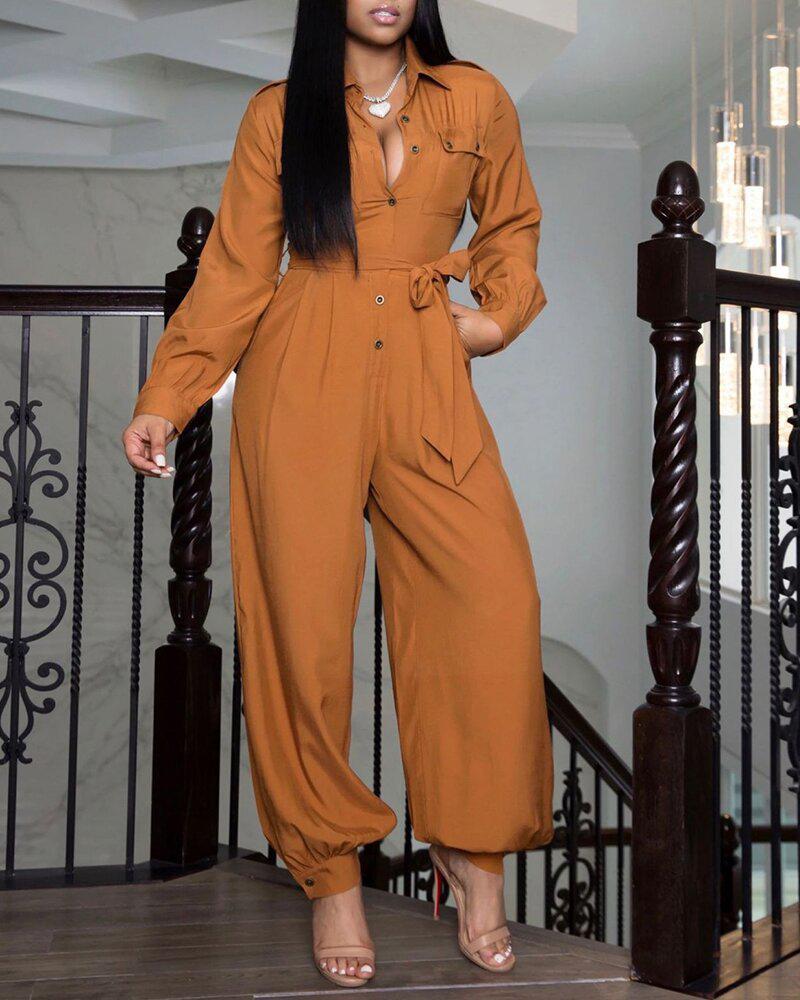 

Long Sleeve Pocket Design Buttoned Jumpsuit, Brown