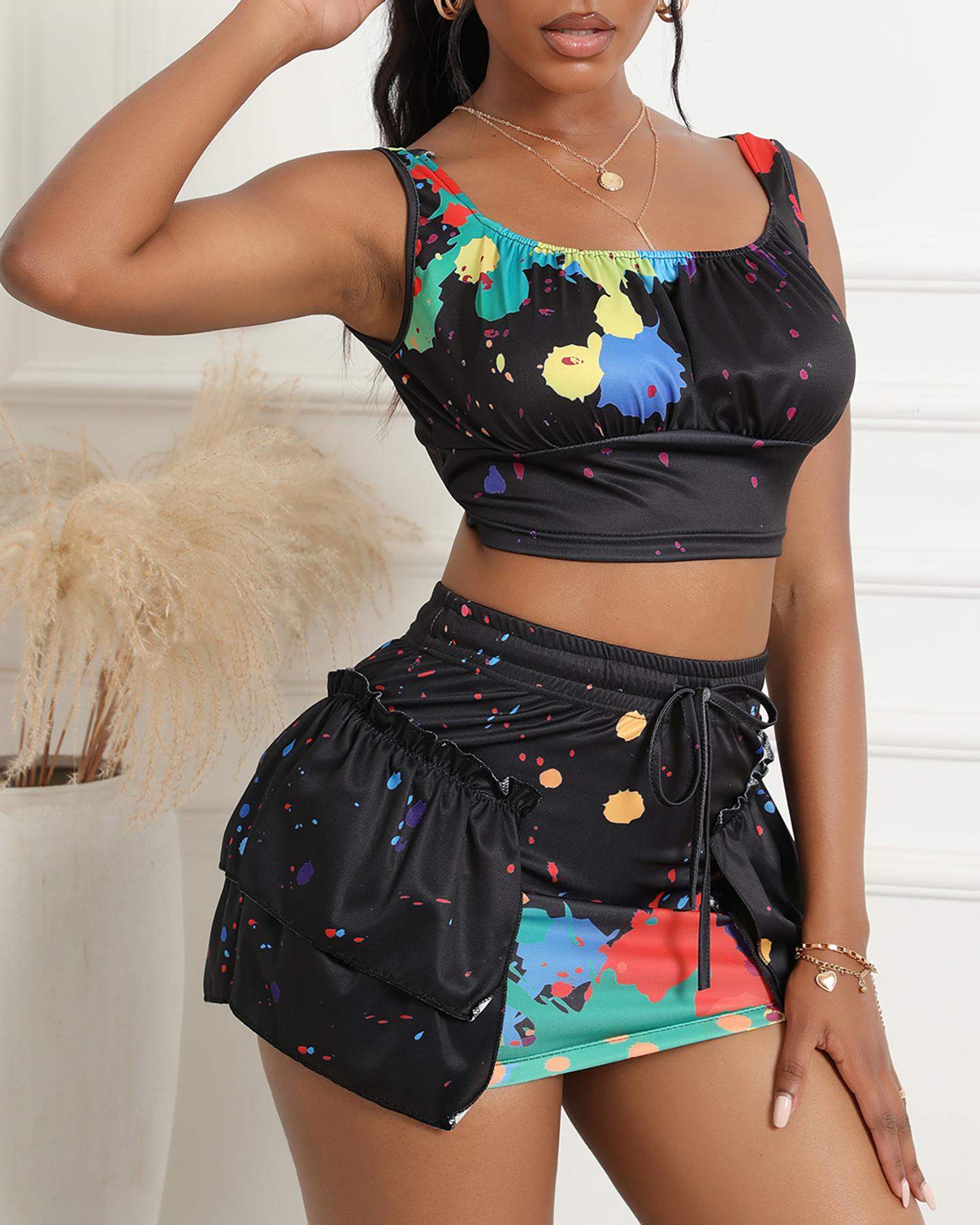 

Ink Splash Print Crop Top & Frill Hem Drawstring Skirt Sets, Black