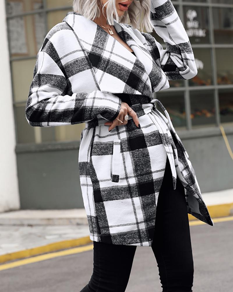 

Plaid Print Long Sleeve Shacket With Belt, Multicolor