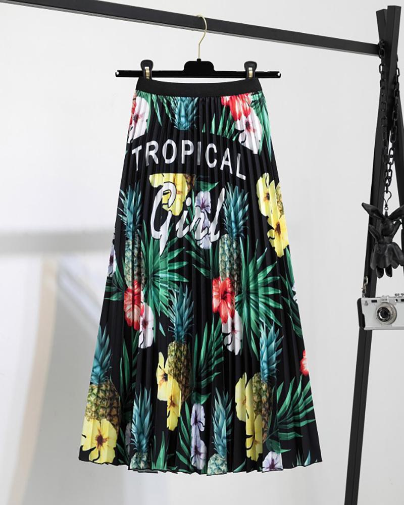 

Tropical Letter Print Pleated Skirt, Green
