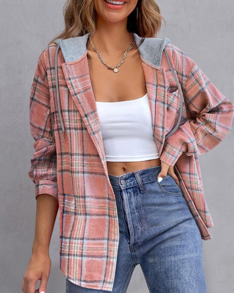 

Plaid Print Pocket Design Hooded Shacket, Pink