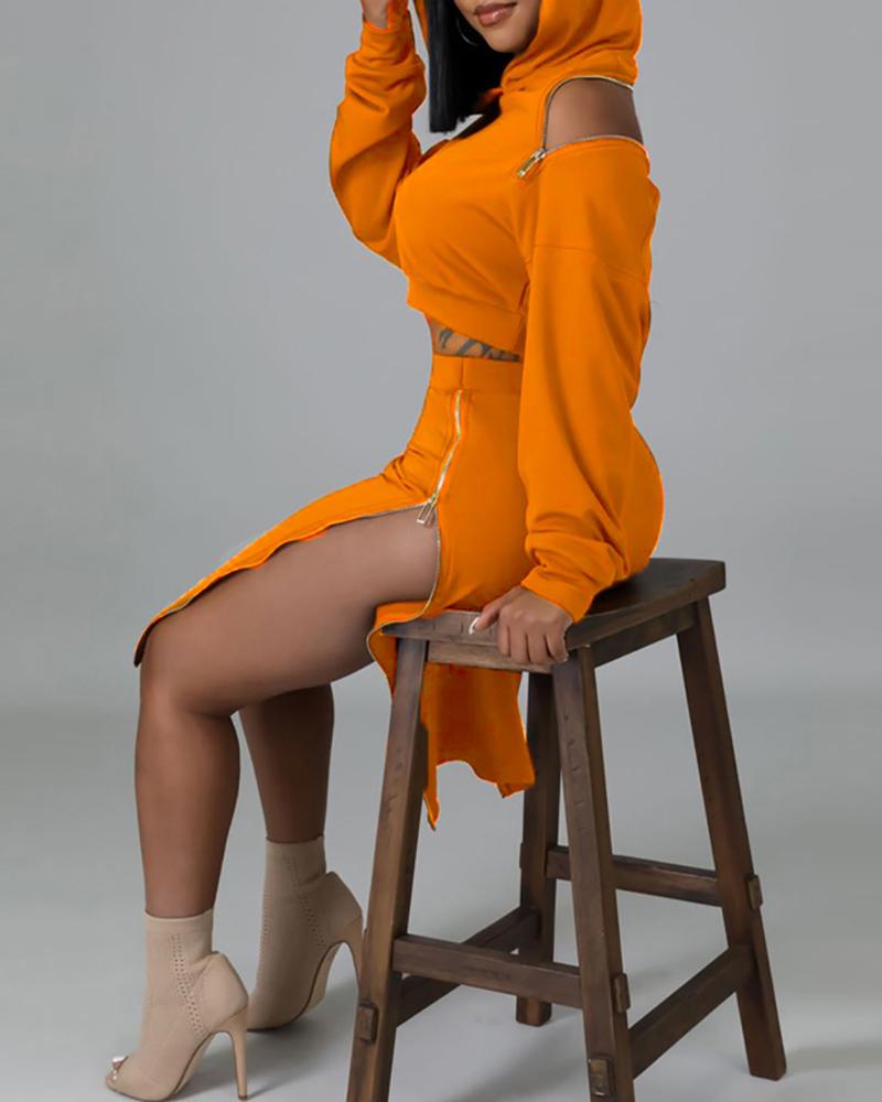 

Zipper Design Hooded Top & High Slit Skirt Set, Orange