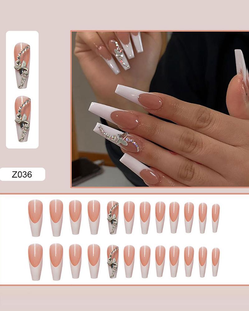 

24pcs Butterfly Pattern Rhinestone Fake Nail, White