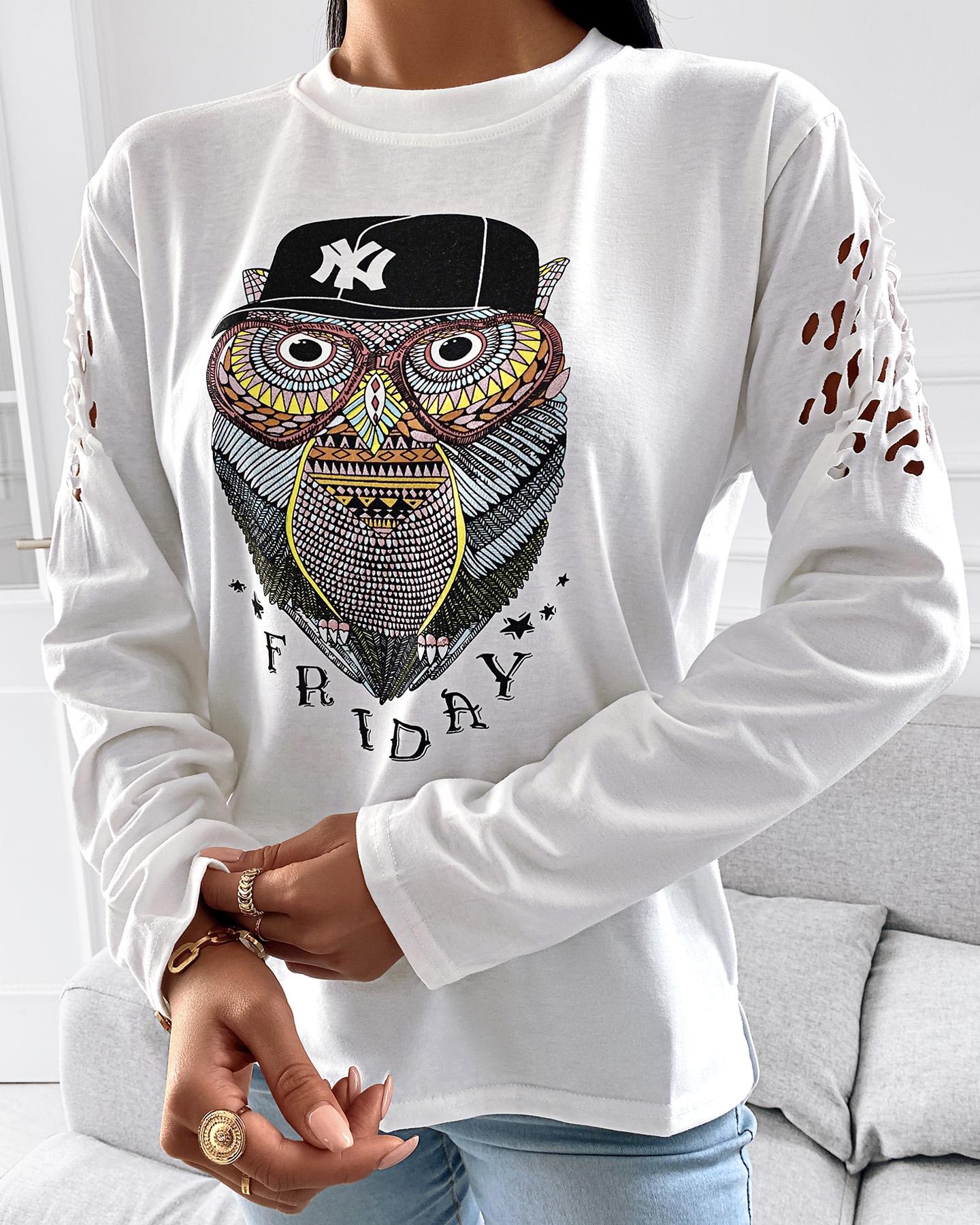 

Animal Print Hollow Out Long Sleeve Casual T-shirt, White