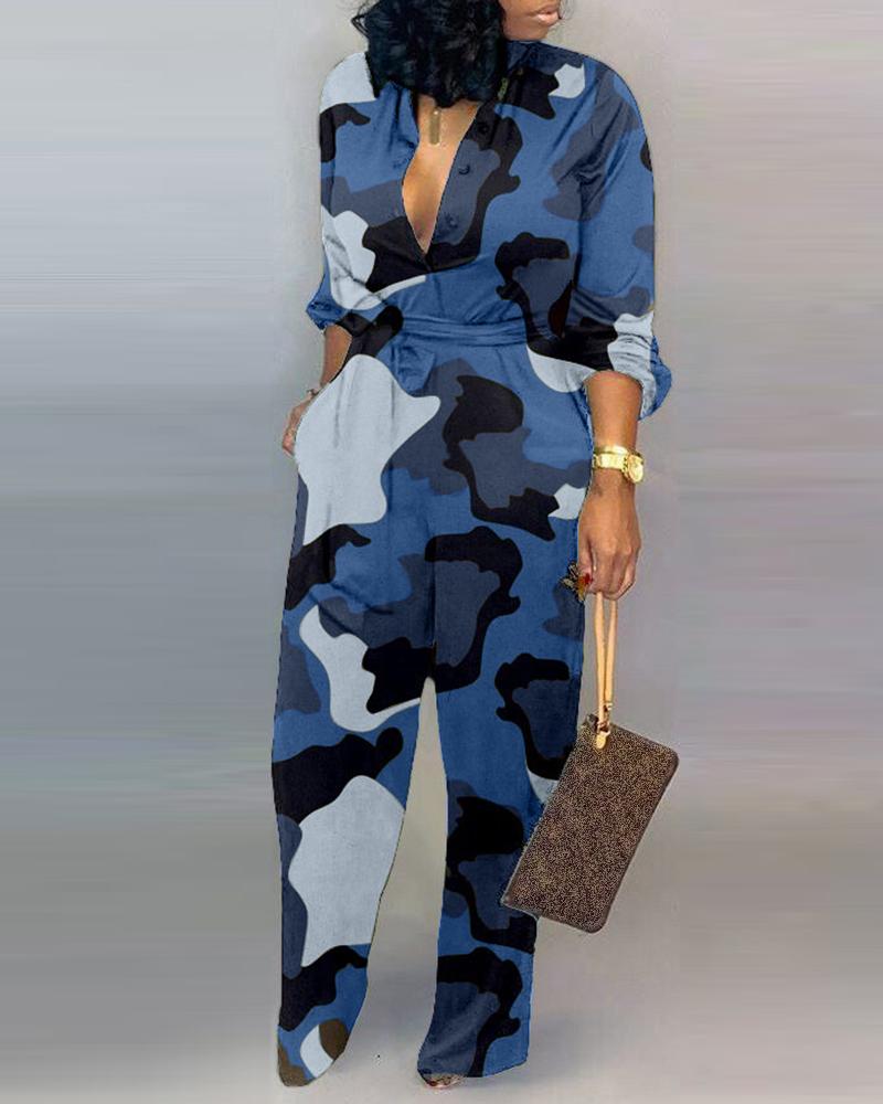 

V Neck Camouflage Print Buttoned Jumpsuit, Blue