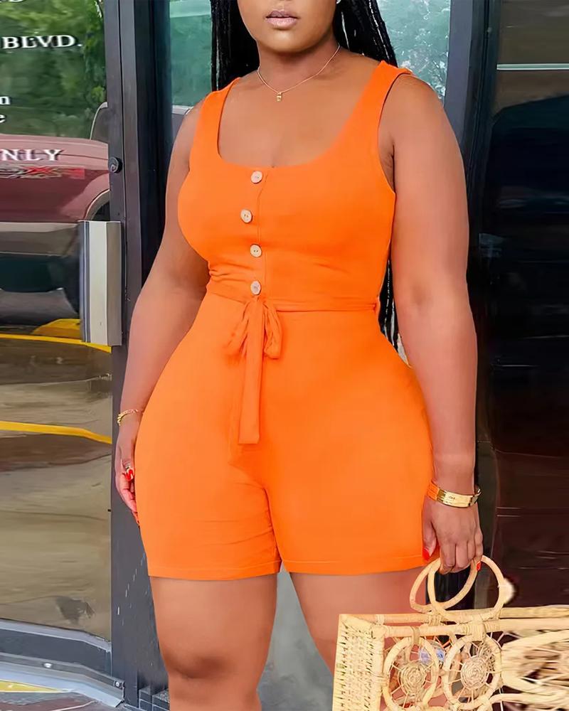 

Sleeveless Button Decor U-Neck Belted Romper, Orange