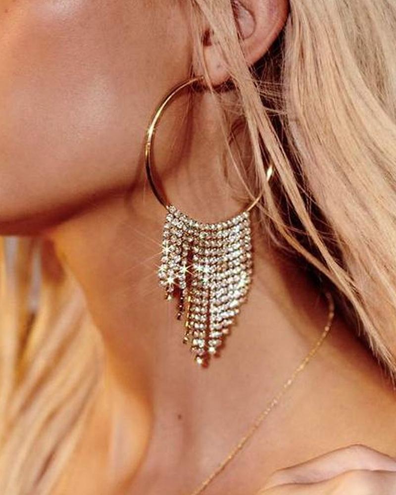 

Rhinestone Tassel Hoop Drop Earrings, Gold