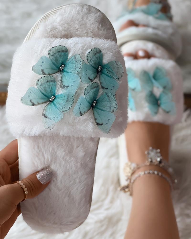 

Butterfly Pattern Fuzzy Slippers, White