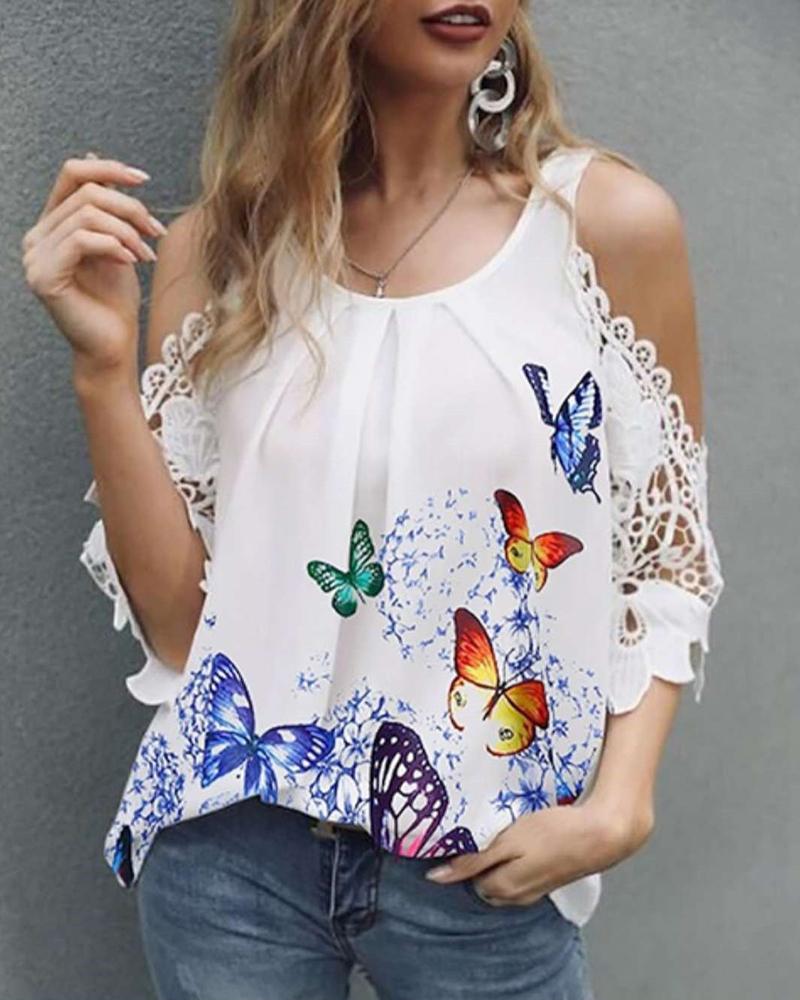 

Butterfly Print Lace Hem Cold Shoulder Blouse, White