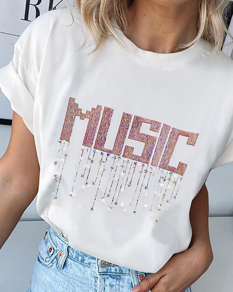 

Sequins Letter Round Neck Casual T-shirt, White