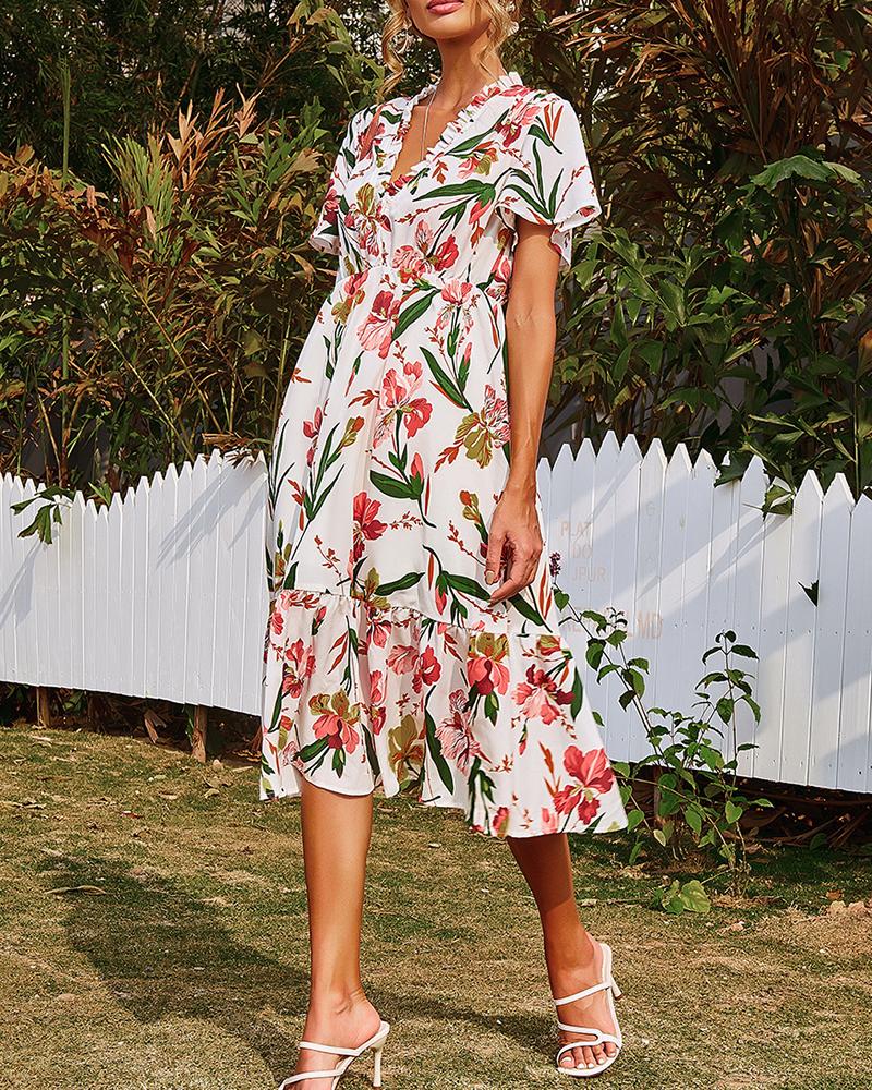 

Short Sleeve Frill Hem Ruched Floral Print Dress, Multicolor