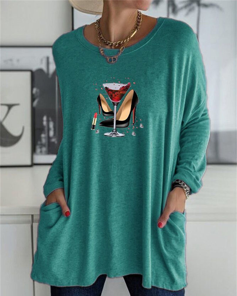 

Graphic Print Pocket Detail Long Sleeve Casual Top, Blue