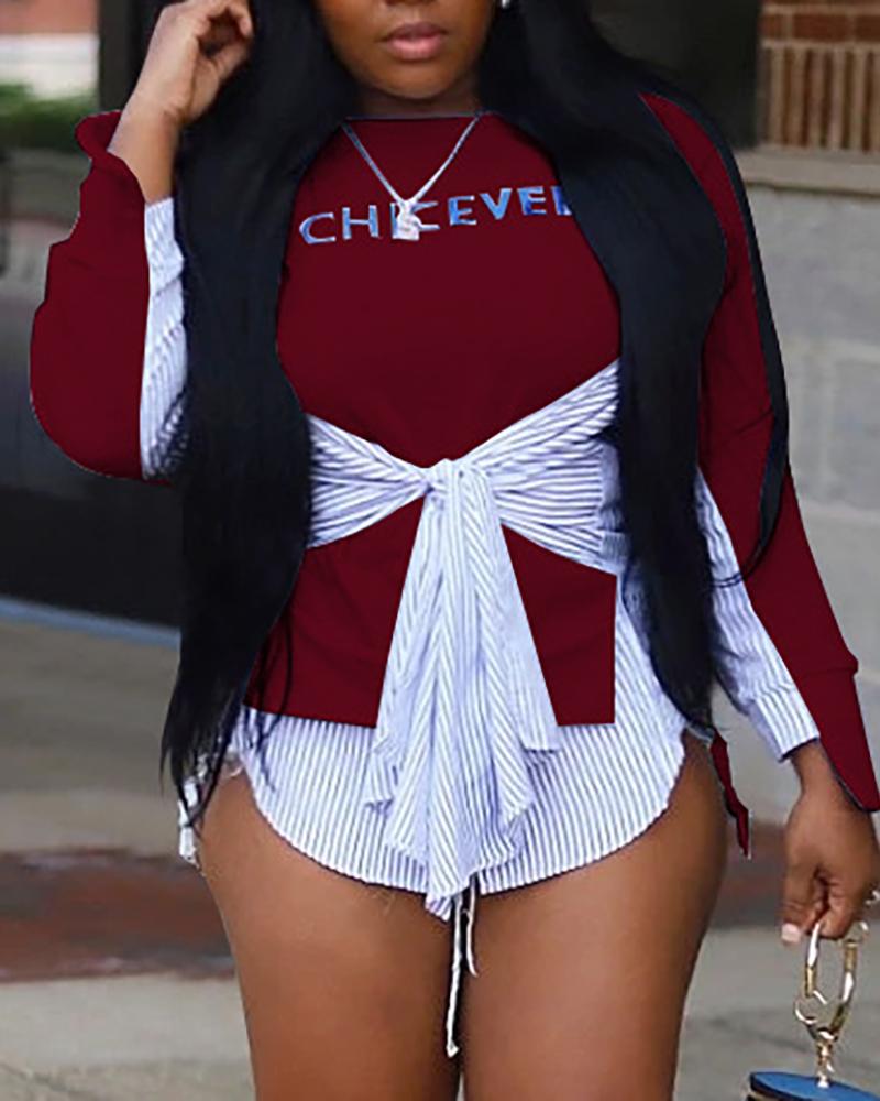 

Letter Print Striped Long Sleeve Sweatshirt, Red