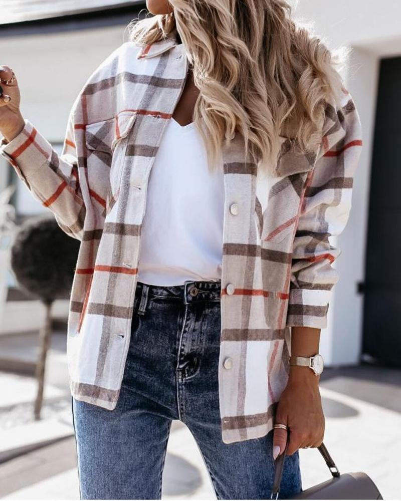 

Plaid Print Long Sleeve Button Up Shacket, Khaki