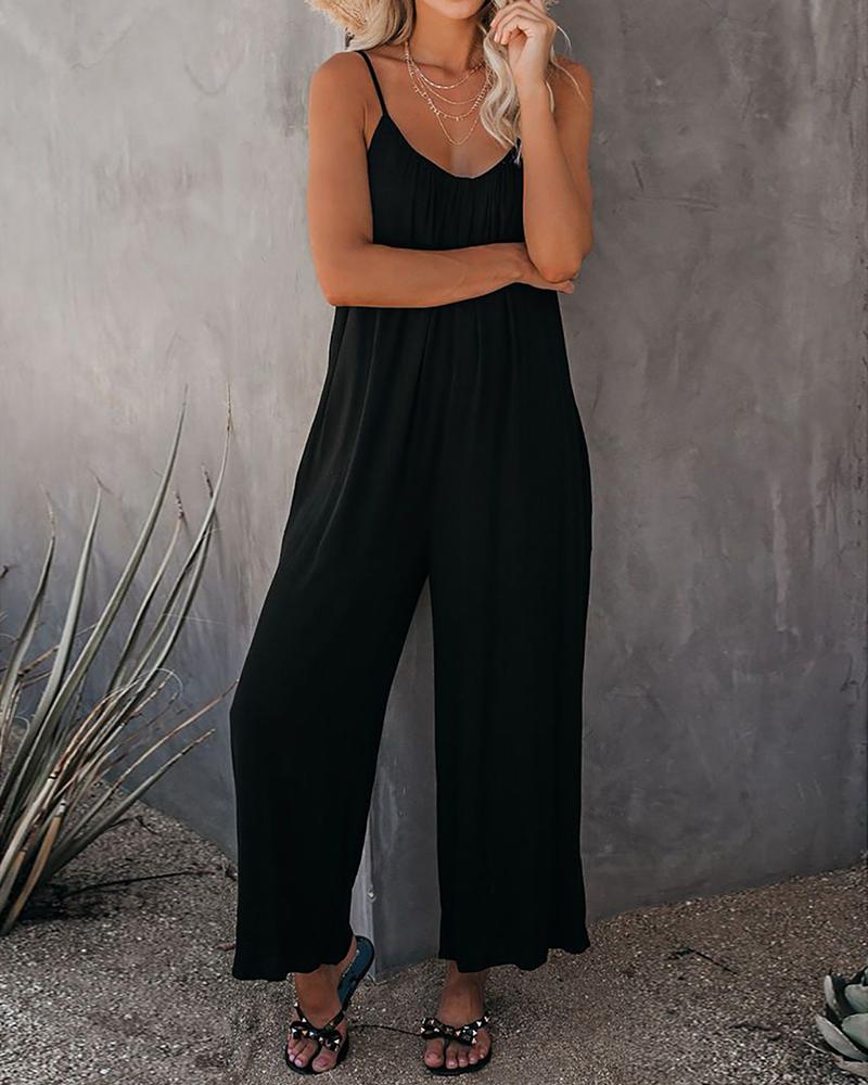 

Solid Strap Loose Wide Leg Jumpsuit, Black