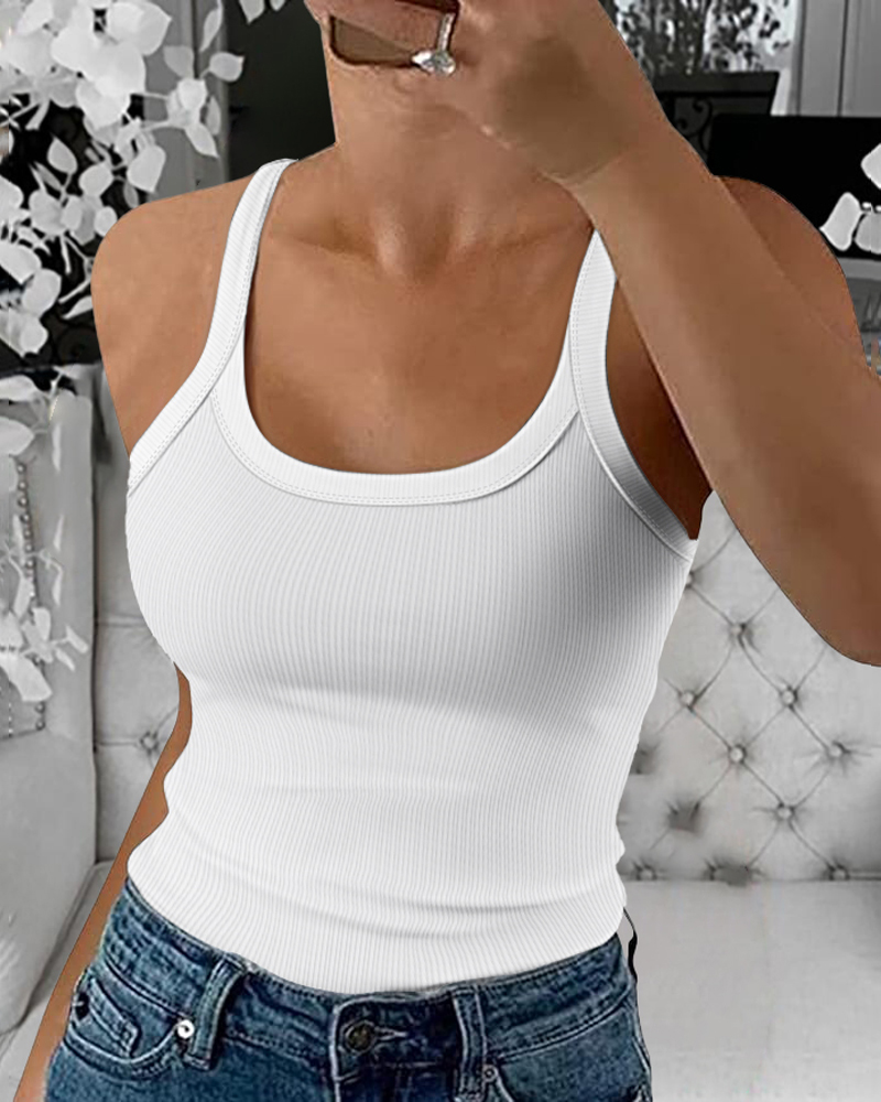 

Scoop Neck Spaghetti Strap Ribbed Top Casual Sleeveless Slim Fit Tank, White