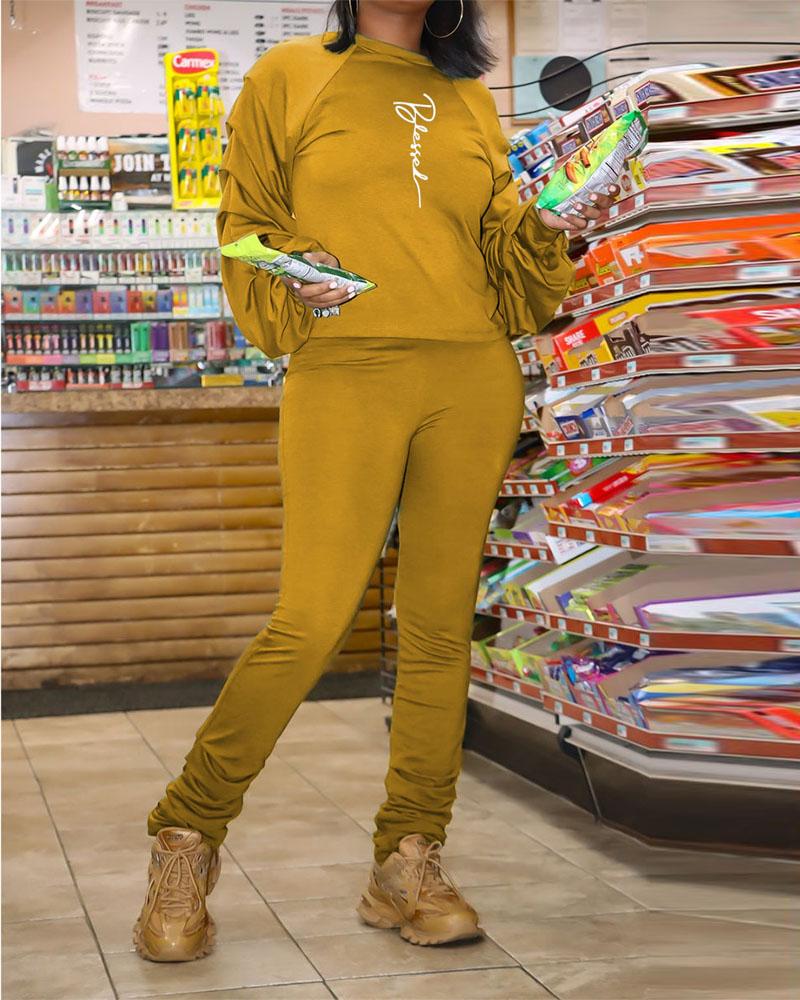 

Letter Print Ruched Long Sleeve Top & Pants Set, Yellow