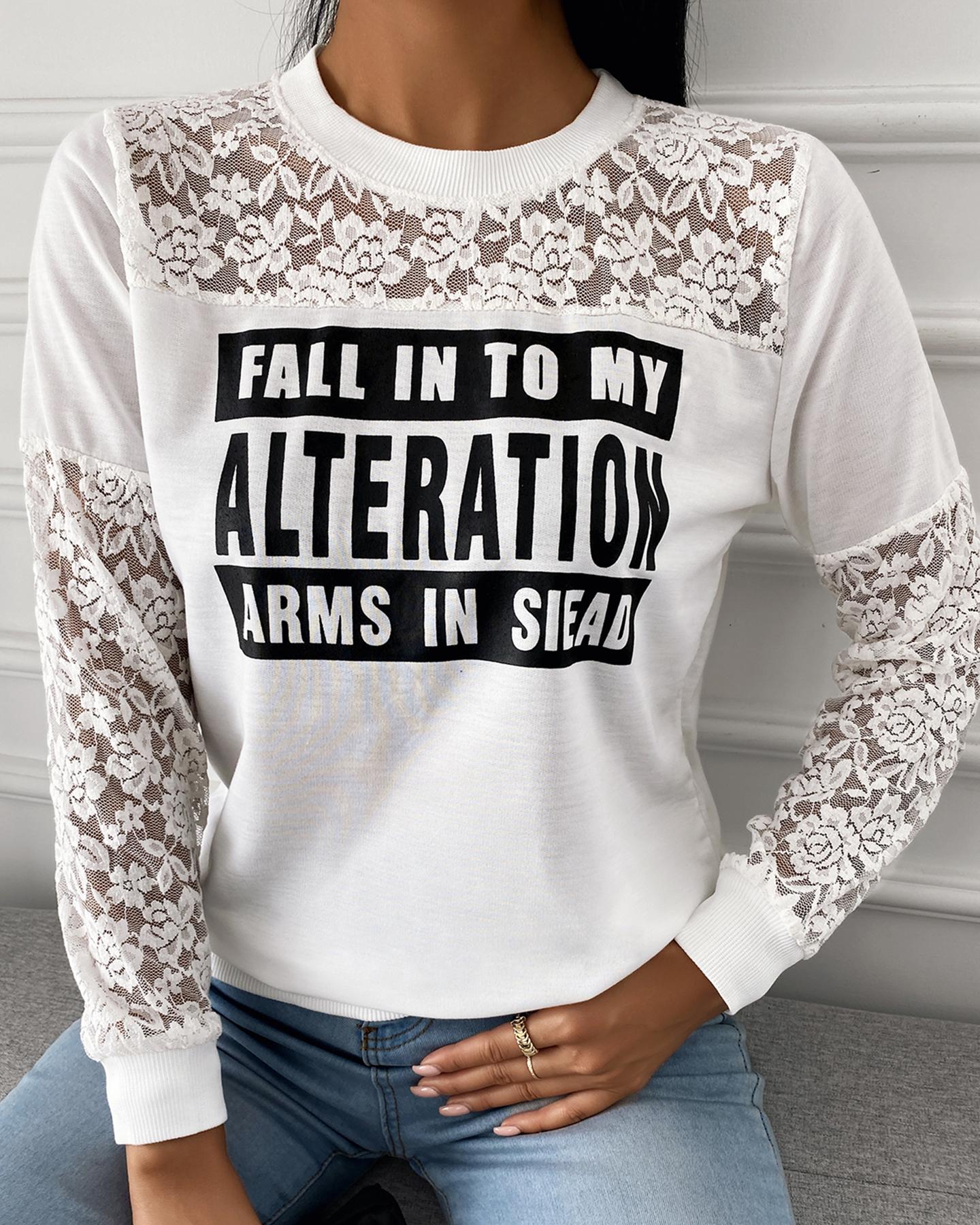 

Letter Print Floral Pattern Lace Long Sleeve Casual T-shirt, White