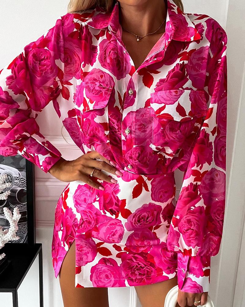 

Floral Print Lantern Sleeve Buttoned Shirt & Slit Skirt Set, Hot pink
