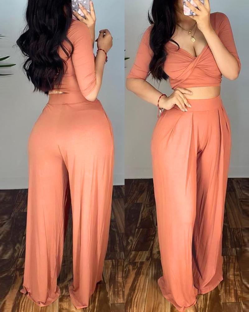 

Plain V Neck Short Sleeve Top & Pants Set, Pink