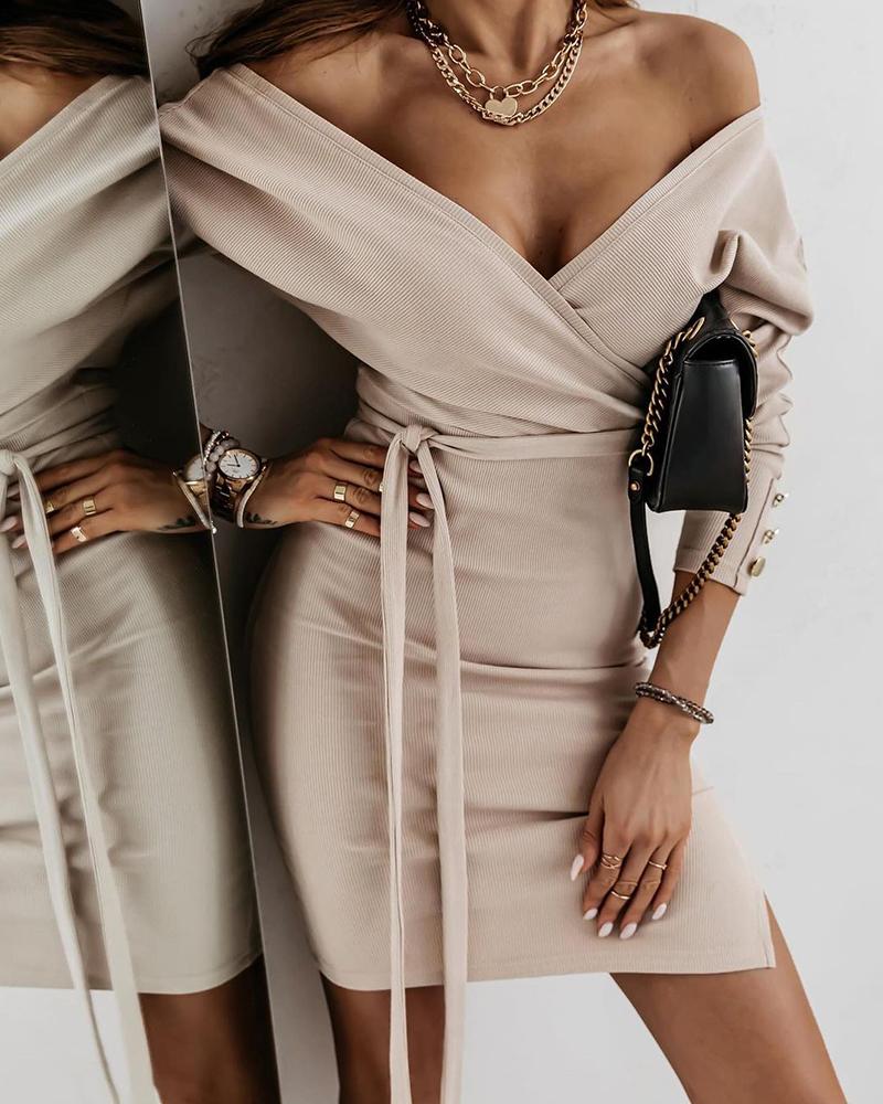

Wrap Tie Side Split Hem Bodycon Dress, Khaki