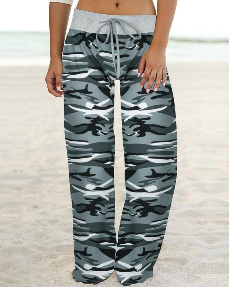 

Wide Leg Drawstring Camouflage Print Pants, Gray