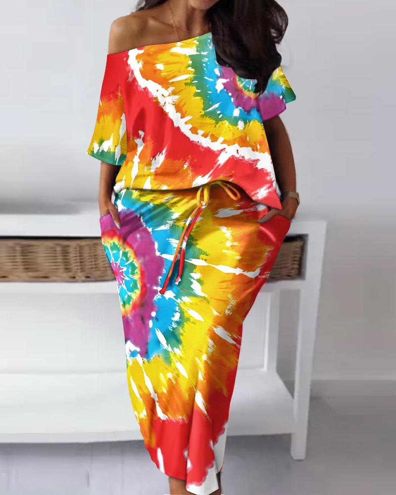 

Plus Size Tie Dye Print Top & Drawstring Skirt Set, Multicolor