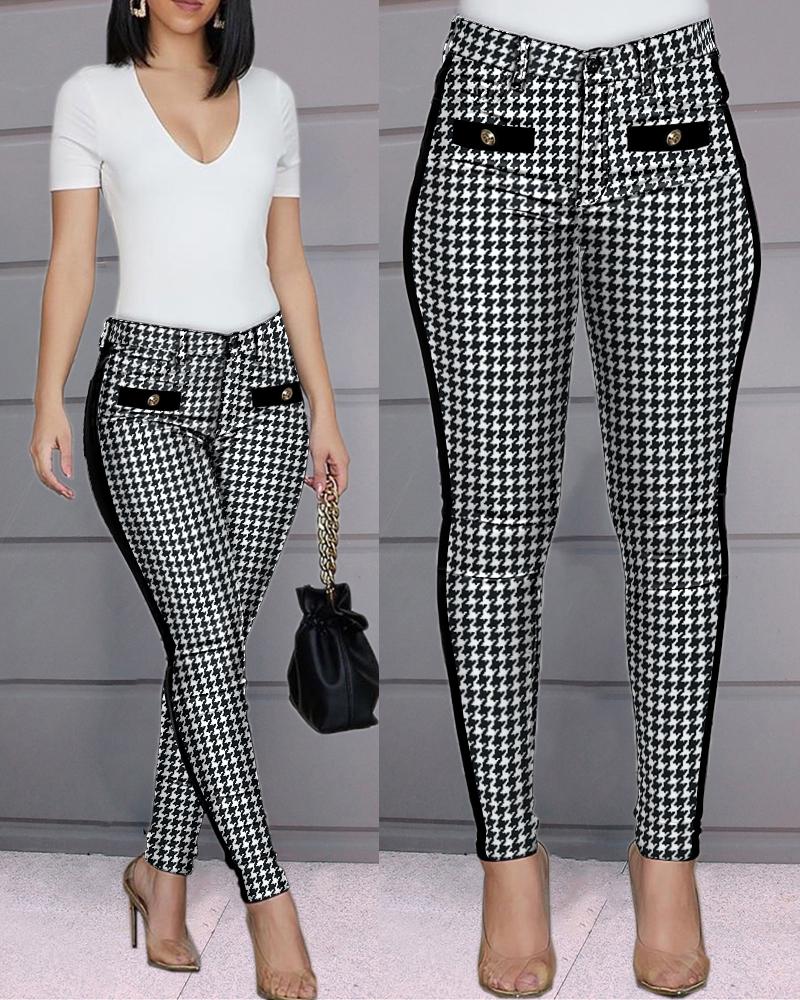 

Houndstooth Print Buttoned Casual Coated Pants, Black&white