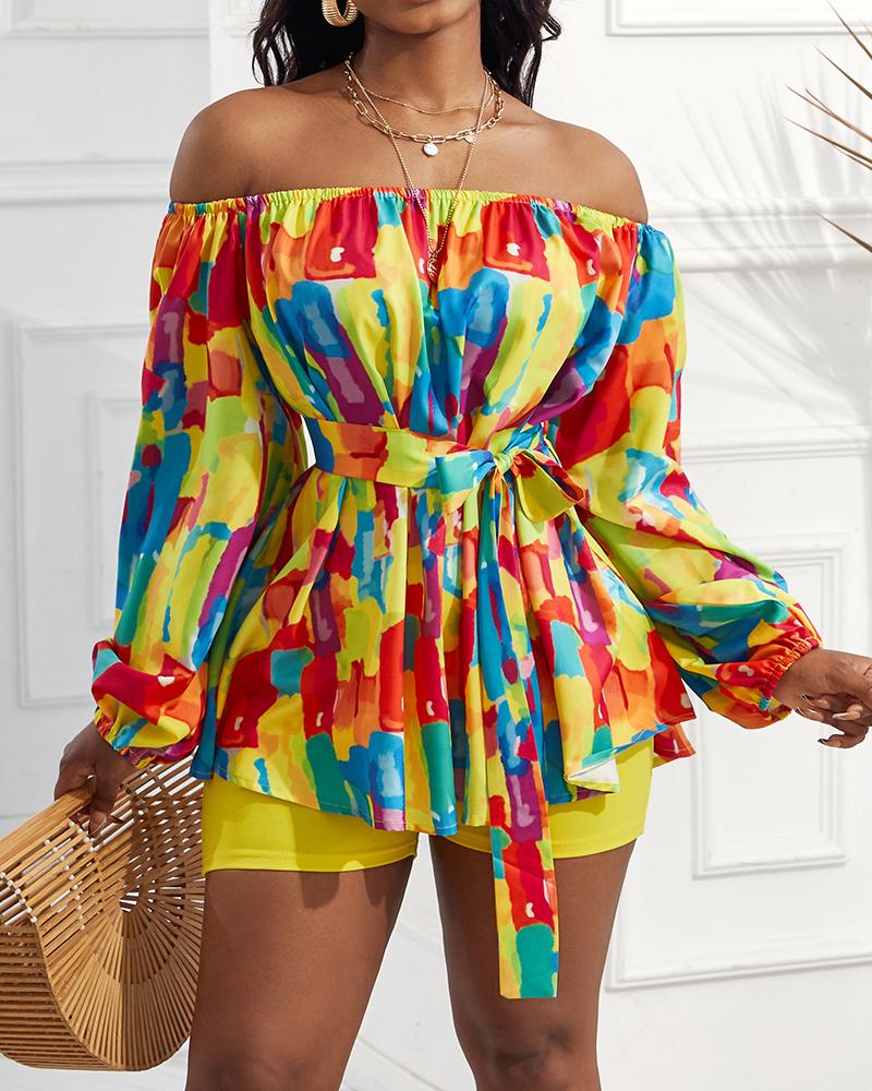 

Tie Dye Print Off Shoulder Belted Top & Shorts Set, Yellow
