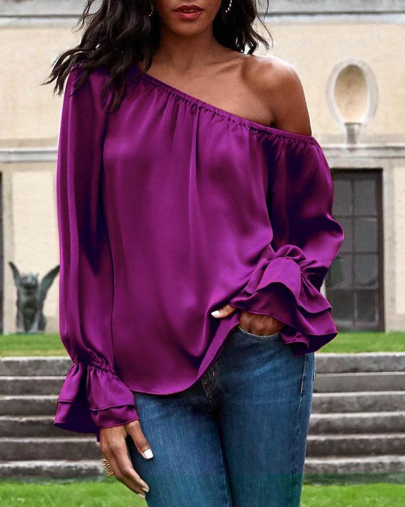 

One Shoulder Plain Long Sleeve Casual Top, Purple