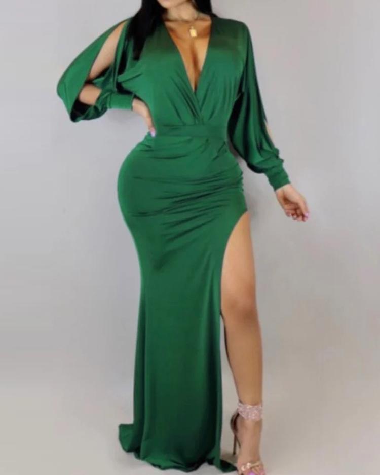 

Deep V High Slit Maxi Dress, Green