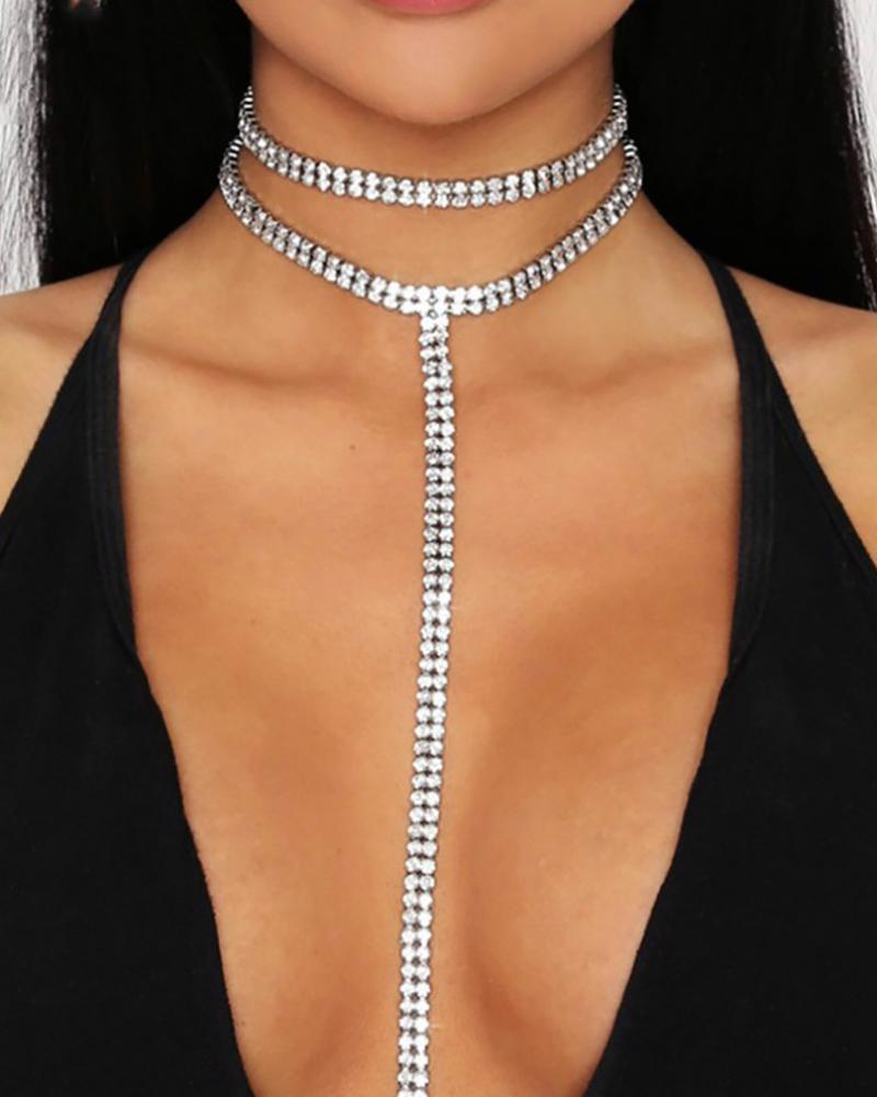 

Y Lariat Layered Studded Necklace, Silver