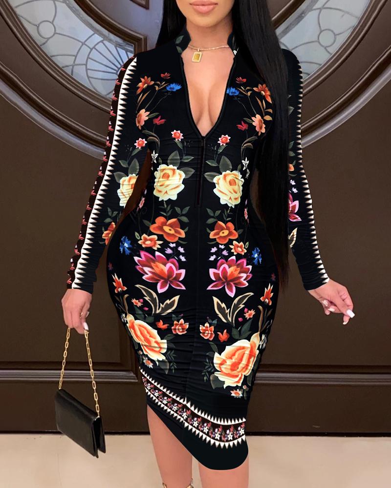 

Floral Print V-Neck Bodycon Dress, Black