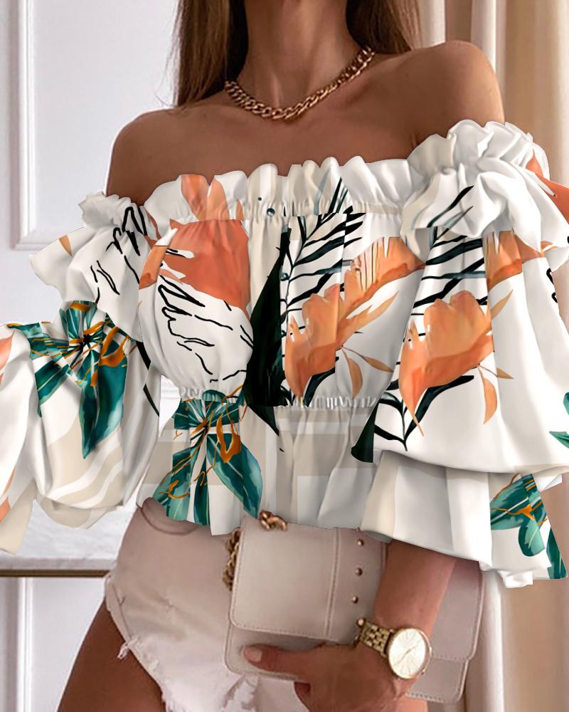 

Floral Print Off Shoulder Shirred Frill Hem Top, White