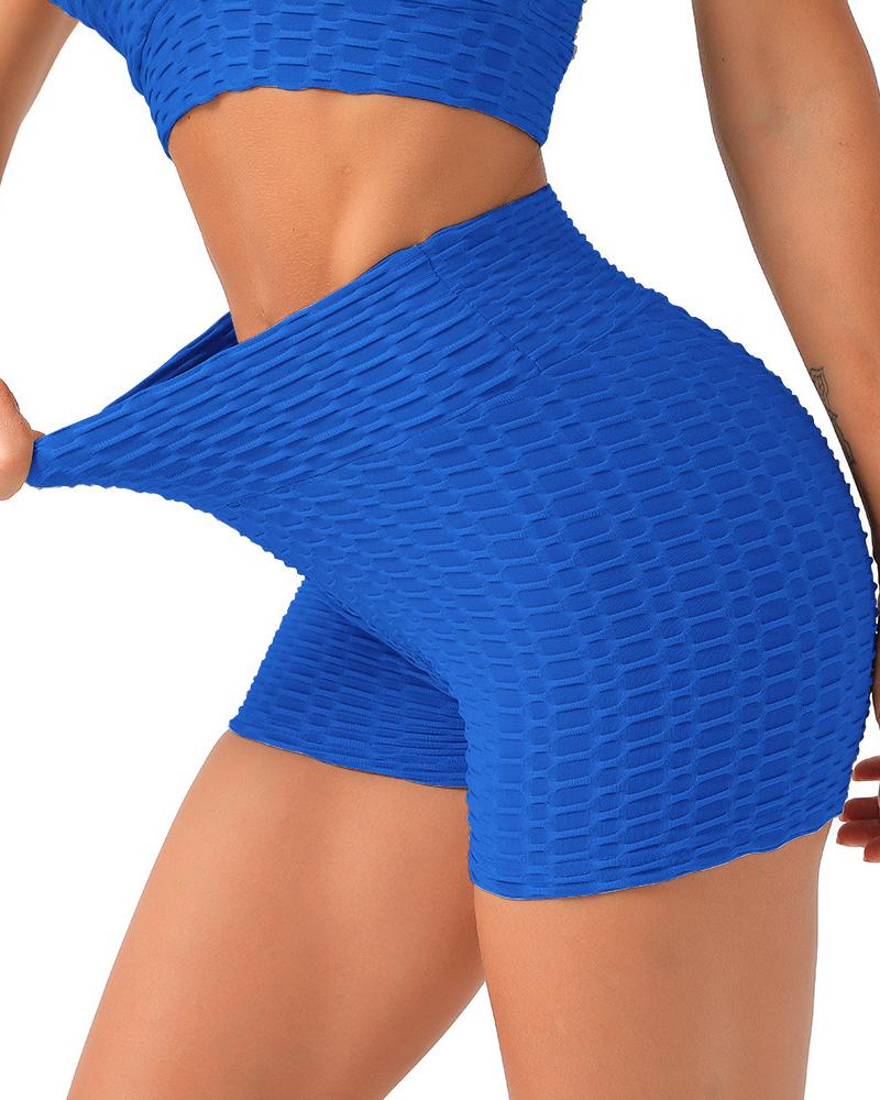

High Waist Scrunch Butt Textured Active Shorts, Blue