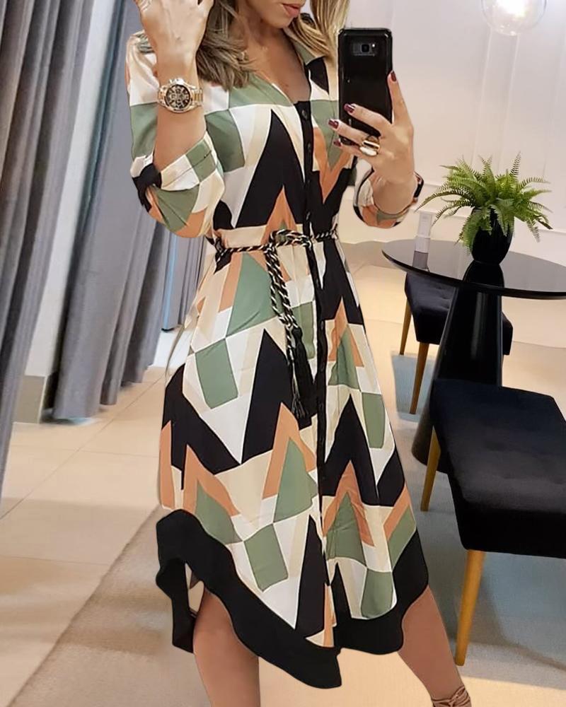 

Geo Print Long Sleeve Asymmetrical Shirt Dress, Multicolor