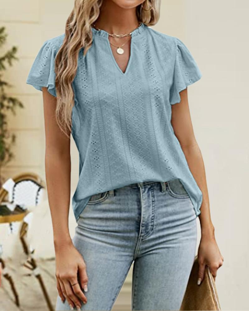 

Hollow Out Frill Hem V-Cut Top, Blue