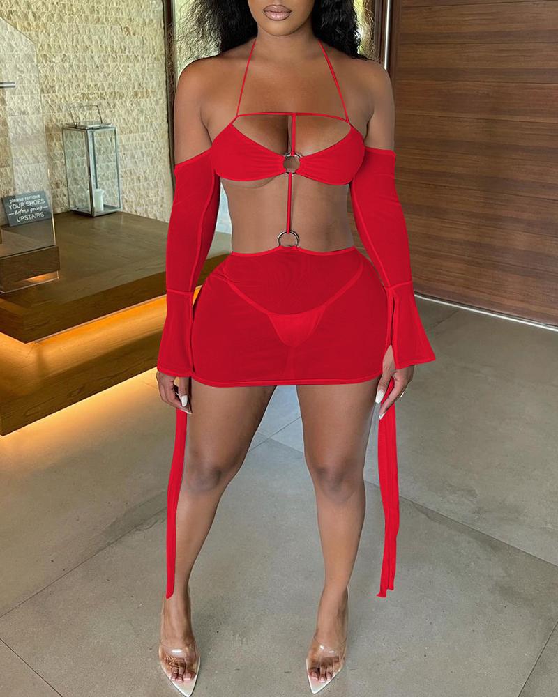

O-Ring Cutout Halter Sheer Mesh Bodycon Dress, Red
