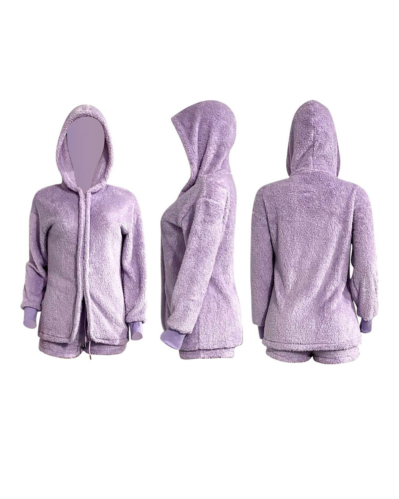 

Long Sleeve Hooded Fluffy Lounge Pajamas Set, Purple