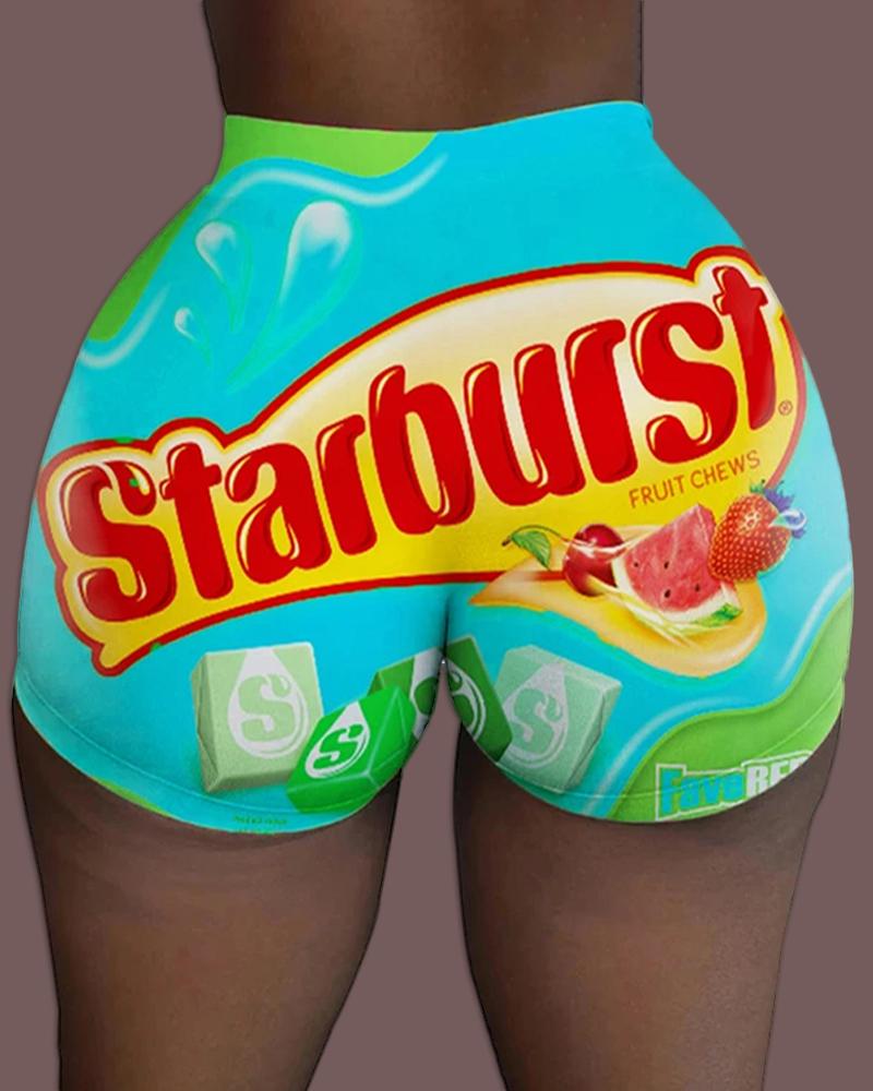 

Letter Cartoon Print High Waist Casual Shorts, Blue