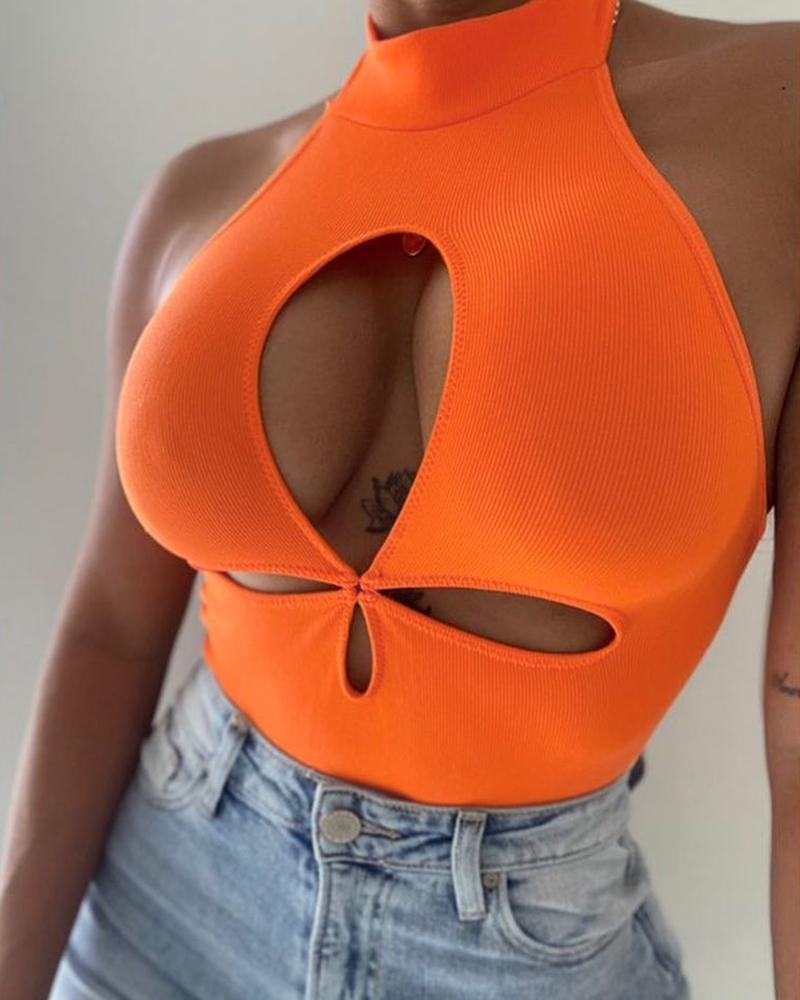 

Mock Neck Sleeveless Cutout Crop Top, Orange