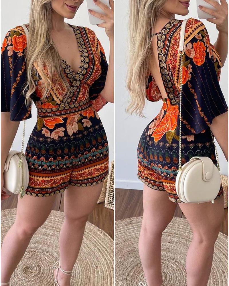 

Floral Print Backless V-Neck Romper, Purplish blue