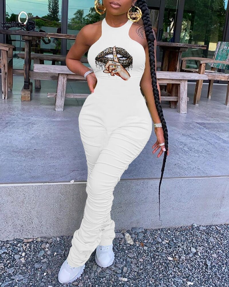 

O-neck Lip Hand Print Sleeveless Ruched Jumpsuit, White