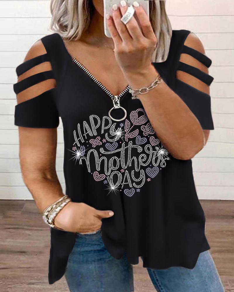 

Plus Size Mother's Day Rhinestone Heart Letter Pattern Casual T-Shirt, Black
