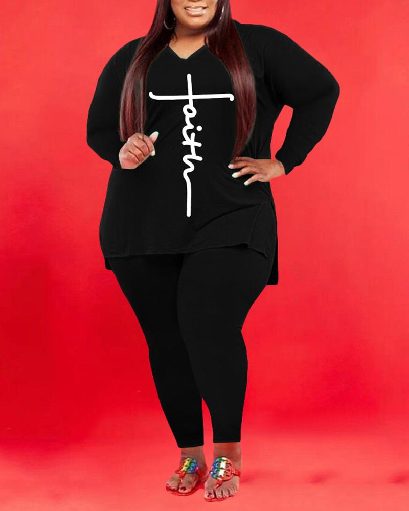 

Plus Size Letter Print Long Sleeve Top & Pants Set, Black