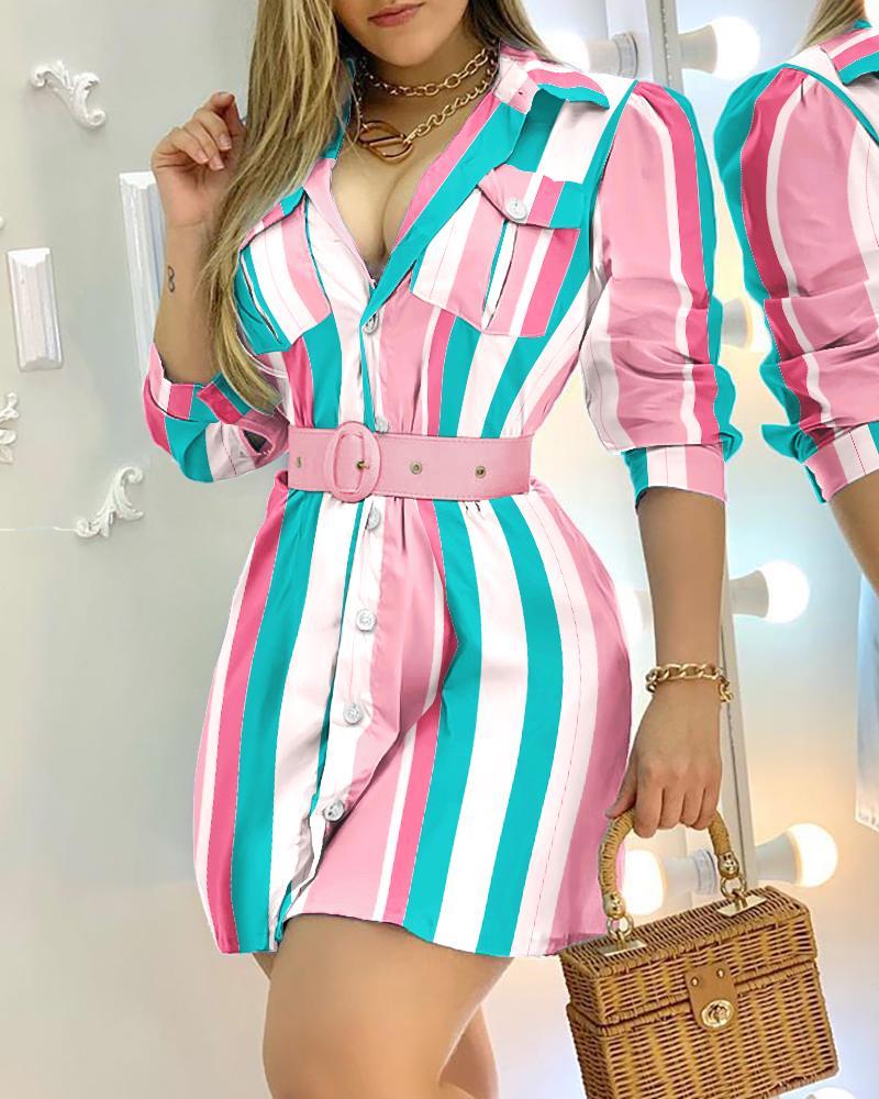 

Striped Print Button Front Shirt Dress, Multicolor